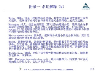 附录一 名词解释（M）

Mesh：网格。这是一种网络拓扑结构，其中的设备以可管理的分段方
式组织，在网络节点间存在许多常常是冗余的策略上的交叉连接。
Message：报文。信息在应用层（第七层)的逻辑分组，通常是由许多
底层的逻辑分组组成，比如分组。datagram(数据报)，frame(帧)，
packet(分组)和网段这些述语也用来描述OSI参考模型不同层和不同技
术周期内的逻辑信息分组。
Microsegmentation：微分段。把网络分成更小段的分割方法，其目的
通常是给网络设备增加总带宽。
Modem：调制解调器。调制器-解调器。是转换数字信号和模拟信号的
设备。在发送端，调制解调器把数字信号转换为适合在模拟通信设施
上传输的信号。在目的端，模拟信号被转换回数字信号。调制解调器
允许数据在话音等级的电话线上传输。
Modulation：调制。把电子信号特性转换成代表信息的过程。调制类
型包括AM、FM和PAM。
MTU：Maximum transmission unit。最大传输单元。特定接口可以处
理的最大分组大小，它以字节为单位。

        方晖·三人行 http://www.330000.cn 0791-8526132、3800058   512
 