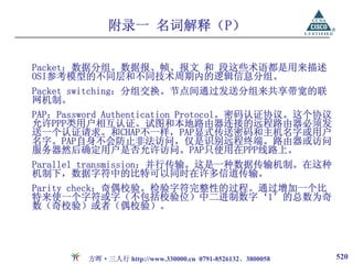 附录一 名词解释（P）

Packet：数据分组。数据报、帧、报文 和 段这些术语都是用来描述
OSI参考模型的不同层和不同技术周期内的逻辑信息分组。
Packet switching：分组交换。节点间通过发送分组来共享带宽的联
网机制。
PAP：Password Authentication Protocol。密码认证协议。这个协议
允许PPP类用户相互认证。试图和本地路由器连接的远程路由器必须发
送一个认证请求。和CHAP不一样，PAP显式传送密码和主机名字或用户
名字。PAP自身不会防止非法访问，仅是识别远程终端。路由器或访问
服务器然后确定用户是否允许访问。PAP只使用在PPP线路上。
Parallel transmission：并行传输。这是一种数据传输机制。在这种
机制下，数据字符中的比特可以同时在许多信道传输。
Parity check：奇偶校验。检验字符完整性的过程。通过增加一个比
特来使一个字符或字（不包括校验位）中二进制数字‘1’的总数为奇
数（奇校验）或者（偶校验）。




         方晖·三人行 http://www.330000.cn 0791-8526132、3800058   520
 