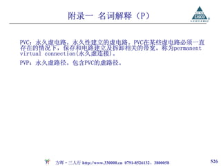 附录一 名词解释（P）

PVC：永久虚电路。永久性建立的虚电路。PVC在某些虚电路必须一直
存在的情况下，保存和电路建立及拆卸相关的带宽。称为permanent
virtual connection(永久虚连接)。
PVP：永久虚路径。包含PVC的虚路径。




      方晖·三人行 http://www.330000.cn 0791-8526132、3800058   526
 