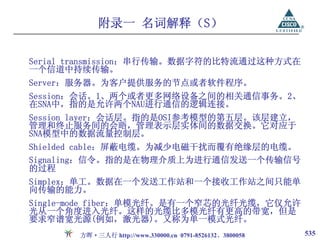 附录一 名词解释（S）

Serial transmission：串行传输。数据字符的比特流通过这种方式在
一个信道中持续传输。
Server：服务器。为客户提供服务的节点或者软件程序。
Session：会话。1、两个或者更多网络设备之间的相关通信事务。2、
在SNA中，指的是允许两个NAU进行通信的逻辑连接。
Session layer：会话层。指的是OSI参考模型的第五层。该层建立，
管理和终止服务间的会晤，管理表示层实体间的数据交换。它对应于
SNA模型中的数据流量控制层。
Shielded cable：屏蔽电缆。为减少电磁干扰而覆有绝缘层的电缆。
Signaling：信令。指的是在物理介质上为进行通信发送一个传输信号
的过程
Simplex：单工。数据在一个发送工作站和一个接收工作站之间只能单
向传输的能力。
Single-mode fiber：单模光纤。是有一个窄芯的光纤光缆，它仅允许
光从一个角度进入光纤。这样的光缆比多模光纤有更高的带宽，但是
要求窄谱宽光源(例如，激光器)。又称为单一模式光纤。
       方晖·三人行 http://www.330000.cn 0791-8526132、3800058   535
 