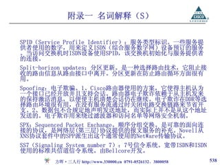 附录一 名词解释（S）

SPID（Service Profile Identifier）：服务类型标识。一些服务提
供者使用的数字，用来定义ISDN（综合服务数字网）设备预订的服务
。当访问交换机时ISDN设备使用SPID，该交换机初始化与服务提供者
的连接。
Split-horizon updates：分区更新。是一种选择路由技术，它阻止接
收的路由信息从路由接口中离开。分区更新在防止路由循环方面很有
用。
Spoofing：电子欺骗。1、Cisco路由器使用的方案，它使得主机认为
一个接口已经开放并且支持会话。路由器电子欺诈依赖于从主机发来
的保持激活消息，以便使主机清楚会话仍在继续。电子欺诈在DDR等选
择路由环境很有用，在没有服务流通过时关闭电路交换链路来节省开
支。2、数据包不合规定地声明发送地址，而实际上并不是从这个地址
发送的。电子欺诈用来绕过滤波器和访问名单等网络安全机制。
SPX：Sequenced Packet Exchange。顺序分组交换。是可靠的面向连
接的协议，是网络层(第三层)协议提供的报文服务的补充。Novell从
XNS协议套件中的SPP派生出这个通常使用的NetWare传输协议。
SS7（Signaling System number 7）：7号信令系统。宽带ISDN和ISDN
使用的标准共信道信令系统。由Bellcore开发。
         方晖·三人行 http://www.330000.cn 0791-8526132、3800058   538
 