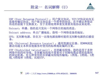 附录一 名词解释（U）

UDP（User Datagram Protocol）：用户报文协议。TCP/IP协议站内无
连接传输层协议。用户报文协议是一个简单的协议，在不确认和保证
传送的前提下交换报文，至于差错处理和重发需要其他协议来处理。
Unicast：单播。指的是只发向一个网络目的地的消息。
Unicast address：单点广播地址。指明一个网络设备的地址。
UPS：无间断电源。旨在万一出现电源故障时提供无间断电源的后援设
备。
URL（Universal Resource Locator）：通用资源定位器。用WWW浏览
器访问超文本和其他服务时使用的标准地址编码方案。
UTP（Unshielded twisted-pair）：非屏蔽双绞线。指的是用于多种
网络中的四对导线。非屏蔽双绞线不需要对于同轴电缆必需的连接间
的固定距离。有五种常用的非屏蔽双绞线传输线：1类线、2类线、3类
线,4类线和 5类线。比较STP。




        方晖·三人行 http://www.330000.cn 0791-8526132、3800058   547
 