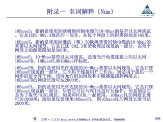附录一 名词解释（Num）

10Base2：指的是使用50欧姆细同轴电缆的10-Mbps的基带以太网规范
。它是IEEE 802.3规范的一部分，在每个网段上的距离限制是185米。
10Base5：指的是使用标准的（粗）50欧姆基带同轴电缆的10-Mbps的
基带以太网规范。它是IEEE 802.3基带物理层规范的一部分，在每个
网段上的距离限制是500米。
10BaseF：10-Mbps基带以太网规范，是指光纤电缆连接上的以太网
10BaseFB、10BaseFL和10BaseFP标准。
10BaseFB：指的是使用光纤连接的10-Mbps基带以太网规范。它是IEEE
10BaseF规范的一部分。它不用于连接用户工作站，而是用于提供一个
同步的信令骨干网，该网允许附加网段和中继器连接到网络上。
10BaseFB的网段长度可达2000米。
10BaseFL：指的是使用光纤连接的10-Mbps基带以太网规范。它是IEEE
10BaseL规范的一部分。尽管它可以与FOIRL进行互操作，但是制定它
是为了取代FOIRL规范。如果和FOIRL一起使用，10BaseFL的网段长度
可达1000米；而如果仅仅使用10BaseFL，则10BaseFL的网段长度可达
2000米。


       方晖·三人行 http://www.330000.cn 0791-8526132、3800058   551
 