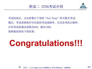 附录二 CCNA考试介绍


考试结束后，点击屏幕右下角的“End Exam”即可提交考试。
随后，考试系统将打印出您的考试成绩单，以及各项的正确率。
CCNA考试的通过成绩为849，满分1000。
您将能看到如下的结果：




Congratulations!!!

       方晖·三人行 http://www.330000.cn 0791-8526132、3800058   567
 
