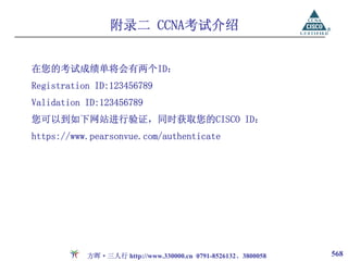 附录二 CCNA考试介绍


在您的考试成绩单将会有两个ID：
Registration ID:123456789
Validation ID:123456789
您可以到如下网站进行验证，同时获取您的CISCO ID：
https://www.pearsonvue.com/authenticate




           方晖·三人行 http://www.330000.cn 0791-8526132、3800058   568
 