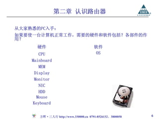 第二章 认识路由器

从大家熟悉的PC入手：
如果要使一台计算机正常工作，需要的硬件和软件包括？各部件的作
用？
      硬件                              软件
       CPU                             OS
    Mainboard
       MEM
     Display
     Monitor
       NIC
       HDD
      Mouse
    Keyboard

       方晖·三人行 http://www.330000.cn 0791-8526132、3800058   6
 