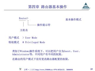 第四章 路由器基本操作


    Router>                                     基本操作模式

                      操作提示符
       主机名

用户模式    > User Mode
特权模式    # Privileged Mode


 类似于Windows操作系统下，可以把用户分为Guest、User、
 Administrator等，不同用户有不同的权限。
 在路由的用户模式下没有更改路由器配置的权限。


        方晖·三人行 http://www.330000.cn 0791-8526132、3800058   60
 