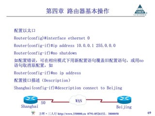 第四章 路由器基本操作


配置以太口
Router(config)#interface ethernet 0
Router(config-if)#ip address 10.0.0.1 255.0.0.0
Router(config-if)#no shutdown
如配置错误，可在相应模式下用新配置语句覆盖旧配置语句，或用no
语句取消原配置，如
Router(config-if)#no ip address
配置接口描述（Description）
Shanghai(config-if)#description connect to Beijing


               S0                   WAN
   Shanghai                                                 Beijing
              方晖·三人行 http://www.330000.cn 0791-8526132、3800058        69
 