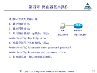 第四章 路由器基本操作


通过Web方式配置路由器。
1、建立物理连接；
2、建立网络连接；
                                              NIC         Ethernet
3、启用路由器的Http服务，语法：                         192.168.0.1    192.168.0.254
Router(config)#ip http server
4、配置登录用户名和密码，语法：
Router(config)#username name password password
Router(config)#username abc password cisco
5、打开浏览器，输入路由器的地址。




           方晖·三人行 http://www.330000.cn 0791-8526132、3800058               74
 