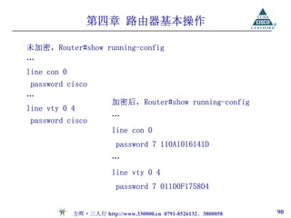 第四章 路由器基本操作

未加密，Router#show running-config
…
line con 0
 password cisco
…
                         加密后，Router#show running-config
line vty 0 4
                         …
 password cisco
                         line con 0
                          password 7 110A1016141D
                         …
                         line vty 0 4
                          password 7 01100F175804


             方晖·三人行 http://www.330000.cn 0791-8526132、3800058   90
 