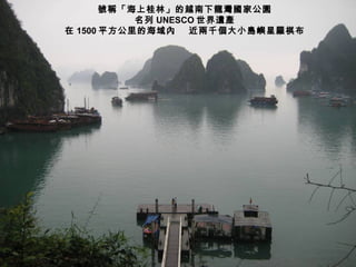 號稱「海上桂林」的越南下龍灣國家公園
           名列 UNESCO 世界遺產
在 1500 平方公里的海域內    近兩千個大小島嶼星羅棋布
 