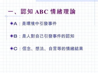 一、認知 ABC 情緒理論
 A：是環境中引發事件

 B：是人對自己引發事件的認知

 C：信念、想法、自言等的情緒結果
 