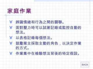 家庭作業
• 辨識情緒和行為之間的關聯。
• 面對壓力時可以試著記錄或監控自動的
  想法。
• 以表格記錄每個想法。
• 鼓勵案主採取主動的角色，以決定作業
  的方式。
• 作業集中在檢驗想法背後的特定假設。

                      BACK
 