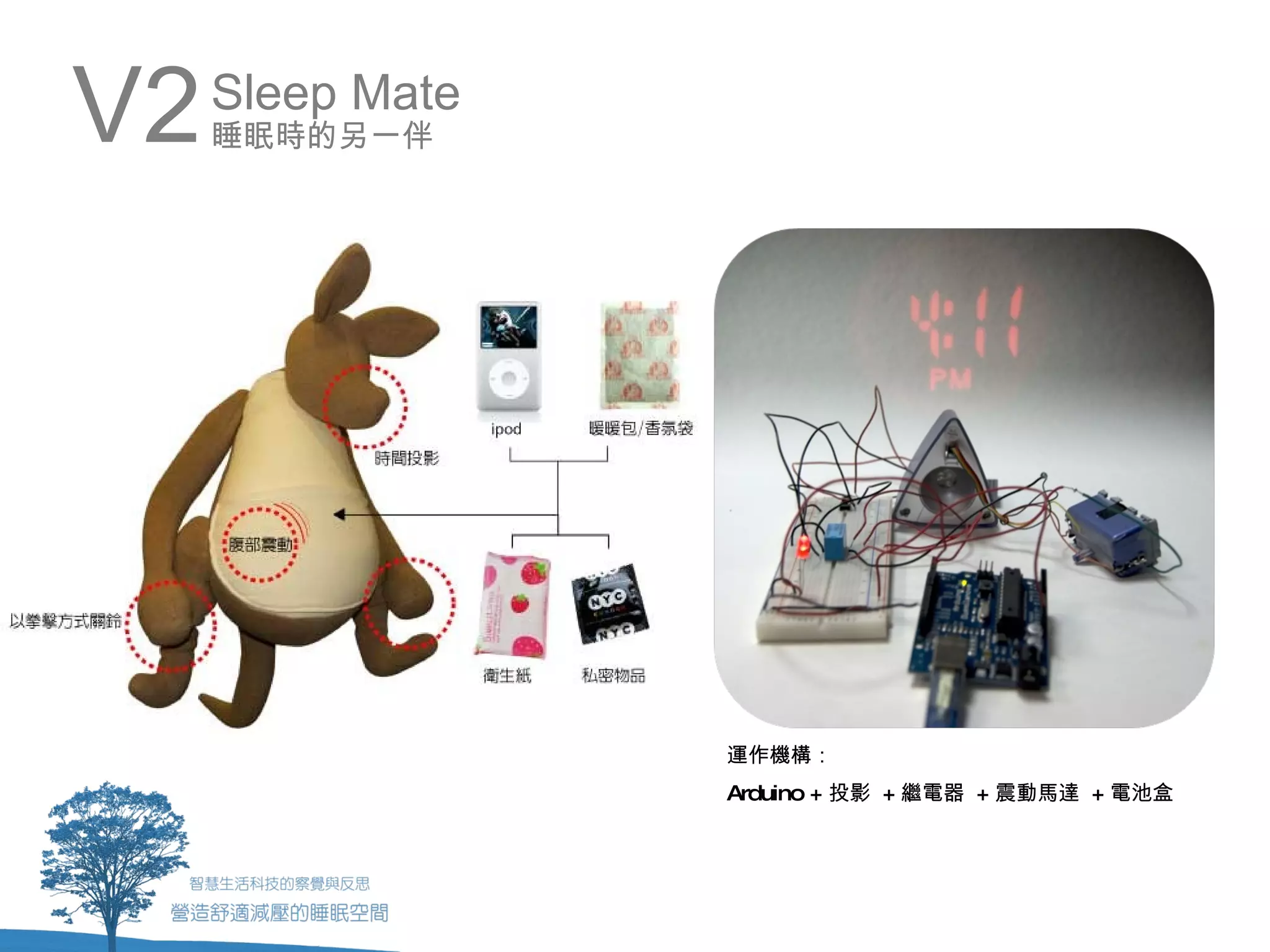 V2   Sleep Mate
     睡眠時的另一伴




                  運作機構：
                  Arduino + 投影 + 繼電器 + 震動馬達 + 電池盒
 