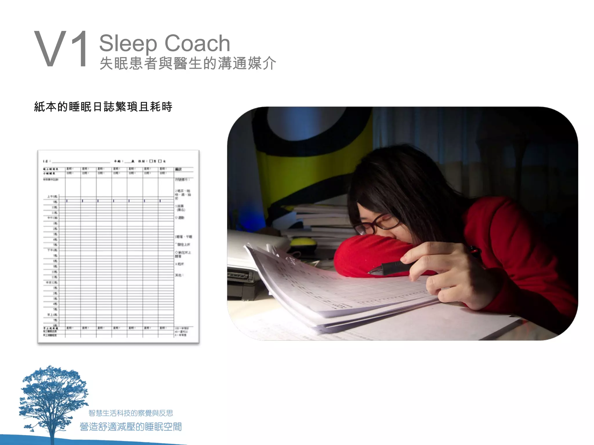 V1   Sleep Coach
     失眠患者與醫生的溝通媒介

紙本的睡眠日誌繁瑣且耗時
 