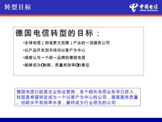 转型目标



 德国电信转型的目标：
  •全球电信（抑或更大范围）产业的一流服务公司
  •从产品开发到市场均以客户为中心
  •顾客认可一个统一品牌的德国电信
  •能够成为“创新、质量和效率”的象征




 德国电信已经是全业务运营商，各个相关电信业务早已进入，
 转型是希望转变成为一个以客户为中心的公司，提高服务质量
 、创新水平和效率水准，最终成为行业领先的公司
 