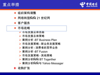 重点举措
     组织架构调整
     网络转型— — 21 世纪网
     客户服务
     市场战略
         市场发展总体思路
         市场发展总体策略
         案例分析 -BT Business Plan
         市场发展策略 - 新业务发展策略
         案例分析 - 消费者的宽带业务
         案例分析 -BT Fusion
         市场发展策略 - 其他策略
         案例分析— — BT Togerther
         案例分析— — 与 Yahoo Messager
      收购扩张
 