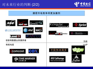 对未来行业的判断 (2/2)

              通信市场竞争将更加激烈




                            wireless



 语音和数据业务提供者                            无线
 有线电视                                  VoIP
 