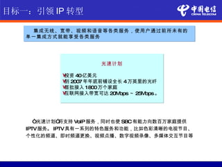 目标一：引领 IP 转型

    集成无线、宽带、视频和语音等各类服务，使用户通过前所未有的
   单一集成方式就能享受各类服务




                      光速计划

           •投资 40亿美元
           • 2007 年年底前铺设全长 4万英里的光纤
            到
           •首批接入 1800万个家庭
           •互联网接入带宽可达 20M bps ～ 25Mbps 。




      “光速计划” 将支持 VoIP 服务，同时也使 SBC有能力向数百万家庭提供
   IPTV服务。 IPTV具有一系列的特色服务和功能，比如色彩清晰的电视节目、
   个性化的频道、即时频道更换、视频点播、数字视频录像、多媒体交互节目等
 