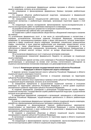 9) разработка и реализация федеральных целевых программ в области социальной
защиты инвалидов, контроль за их исполнением;
    10) утверждение и финансирование федеральных базовых программ реабилитации
инвалидов;
    11) создание объектов реабилитационной индустрии, находящихся в федеральной
собственности, и управление ими;
    12) определение перечня специальностей работников, занятых в области медико-
социальной экспертизы и реабилитации инвалидов, организация подготовки кадров в этой
области;
    13) координация научных исследований, финансирование научно-исследовательских и
опытно-конструкторских работ по проблемам инвалидности и инвалидов;
    14) разработка методических документов по вопросам социальной защиты инвалидов;
    15) установление квот рабочих мест для инвалидов;
    16) содействие в работе всероссийских общественных объединений инвалидов и оказание
им помощи;
17) установление федеральных льгот, в том числе по налогообложению в соответствии с
порядком, установленным Налоговым кодексом Российской Федерации, организациям
независимо от организационно-правовых форм и форм собственности, которые инвестируют
средства в сферу социальной защиты инвалидов, производят специальные промышленные
товары, технические и иные средства реабилитации для инвалидов, предоставляют услуги
инвалидам, а также общественным объединениям инвалидов и находящимся в их
собственности предприятиям, учреждениям, организациям, хозяйственным товариществам и
обществам, уставный капитал которых состоит из вклада общественного объединения
инвалидов;
    18) установление федеральных льгот отдельным категориям инвалидов;
    19) формирование показателей федерального бюджета по расходам на социальную
защиту инвалидов;
    20) установление единой системы учета инвалидов в Российской Федерации, в том числе
детей-инвалидов, и организация на основе этой системы статистического наблюдения за
социально-экономическим положением инвалидов и их демографическим составом.

      Статья 5. Компетенция органов государственной власти субъектов Российской
                    Федерации в области социальной защиты инвалидов
     К ведению органов государственной власти субъектов Российской Федерации в области
социальной защиты инвалидов относятся:
     1) реализация государственной политики в отношении инвалидов на территориях
субъектов Российской Федерации;
     2) принятие законов и иных нормативных правовых актов субъектов Российской Федерации
о социальной защите инвалидов, контроль за их исполнением;
     3) определение приоритетов в осуществлении социальной политики в отношении
инвалидов на территориях субъектов Российской Федерации с учетом уровня социально-
экономического развития территории субъекта Российской Федерации;
     4) создание предприятий, учреждений и организаций Государственной службы медико-
социальной экспертизы, Государственной службы реабилитационной индустрии, осуществление
контроля за их деятельностью;
     5) аккредитация предприятий, учреждений и организаций, находящихся в собственности
субъектов Российской Федерации, осуществляющих деятельность в области реабилитации
инвалидов;
     6) участие в реализации федеральных программ в области социальной защиты инвалидов,
разработка и финансирование региональных программ в указанной области;
     7) утверждение и финансирование перечня реабилитационных мероприятий,
осуществляемых на территориях субъектов Российской Федерации, с учетом социально-
экономических, климатических и иных особенностей в дополнение к федеральным базовым
программам реабилитации инвалидов;
     8) создание и управление объектами в области социальной защиты инвалидов,
находящимися в ведении субъектов Российской Федерации;
     9) организация и координация деятельности по подготовке кадров в области социальной
защиты инвалидов;
     10) координация и финансирование научных исследований, научно-исследовательских и
опытно-конструкторских работ в области социальной защиты инвалидов;
 