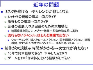 近年の問題
   リスクを避ける→チャレンジが難しくなる
       ヒット作の続編の増加→次スライド
       版権ものの増加→次スライド
       合併の進展：リスク回避のための大規模化
           映画産業と同じで，メジャー数社＋多数の独立系に集約
       流行らないジャンル：ほとんど商業で出ない
           シューティング，横スクロールアクション，固定画面アクション，対戦
            格闘，コマンド入力式アドベンチャー，落ちものパズル，・・・
   制作が大規模＆時間がかかる→次世代が育たない
       10年で何本経験できる? 下手したら3本？
       ゲームを1本「作りきる」という経験がしづらい
 