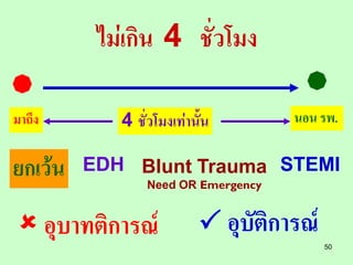ไม่เกิน 4 ชั่วโมง
                                     
มาถึง       4 ชั่วโมงเท่านั้น        นอน รพ.


ยกเว้น   EDH Blunt Trauma STEMI
                Need OR Emergency


  อุบาทติการณ์             อุบัติการณ์
                                           50
 