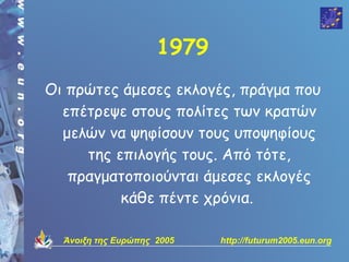 1979
Οι πρώτες άμεσες εκλογές, πράγμα που
  επέτρεψε στους πολίτες των κρατών
  μελών να ψηφίσουν τους υποψηφίους
     της επιλογής τους. Από τότε,
   πραγματοποιούνται άμεσες εκλογές
          κάθε πέντε χρόνια. 

  Άνοιξη της Ευρώπης 2005   http://futurum2005.eun.org
 