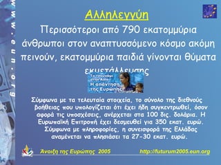 Αλληλεγγύη
    Περισσότεροι από 790 εκατομμύρια
άνθρωποι στον αναπτυσσόμενο κόσμο ακόμη
πεινούν, εκατομμύρια παιδιά γίνονται θύματα
              εκμετάλλευσης

  Σύμφωνα με τα τελευταία στοιχεία, το σύνολο της διεθνούς
   βοήθειας που υπολογίζεται ότι έχει ήδη συγκεντρωθεί, όσον
    αφορά τις υποσχέσεις, ανέρχεται στα 100 δις. δολάρια. Η
    Ευρωπαϊκή Επιτροπή έχει δεσμευθεί για 350 εκατ. ευρώ.
      Σύμφωνα με πληροφορίες, η συνεισφορά της Ελλάδας
        αναμένεται να πλησιάσει τα 27-30 εκατ. ευρώ.

    Άνοιξη της Ευρώπης 2005          http://futurum2005.eun.org
 