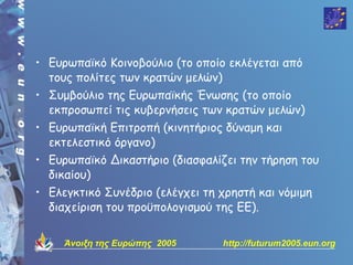 • Ευρωπαϊκό Κοινοβούλιο (το οποίο εκλέγεται από
  τους πολίτες των κρατών μελών)
• Συμβούλιο της Ευρωπαϊκής Ένωσης (το οποίο
  εκπροσωπεί τις κυβερνήσεις των κρατών μελών)
• Ευρωπαϊκή Επιτροπή (κινητήριος δύναμη και
  εκτελεστικό όργανο)
• Ευρωπαϊκό Δικαστήριο (διασφαλίζει την τήρηση του
  δικαίου)
• Ελεγκτικό Συνέδριο (ελέγχει τη χρηστή και νόμιμη
  διαχείριση του προϋπολογισμού της ΕΕ).

     Άνοιξη της Ευρώπης 2005     http://futurum2005.eun.org
 
