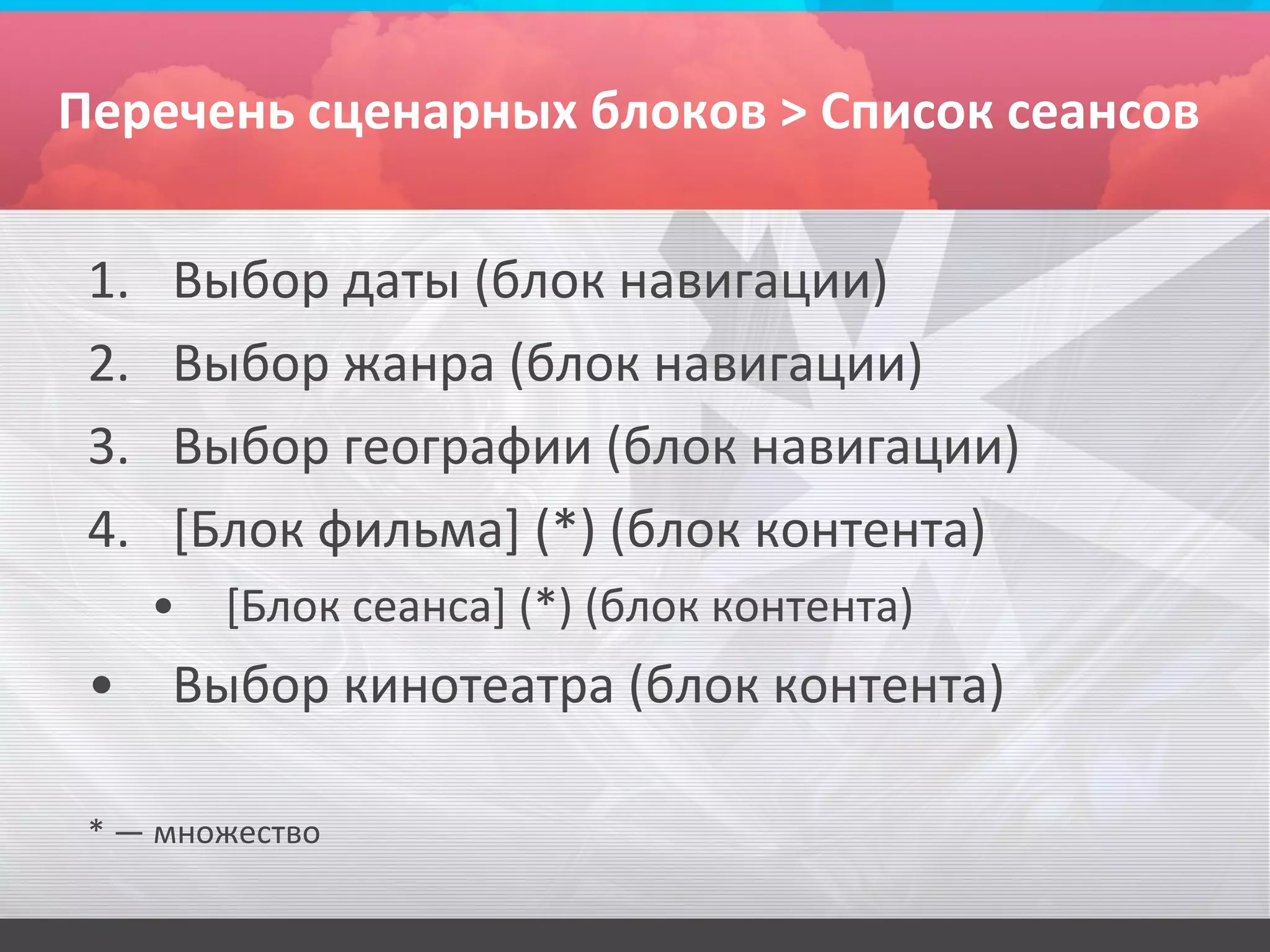 Перечень сценарных блоков > Список сеансов


 1.   Выбор даты (блок навигации)
 2.   Выбор жанра (блок навигации)
 3.   Выбор географии (блок навигации)
 4.   [Блок фильма] (*) (блок контента)
      •   [Блок сеанса] (*) (блок контента)
 •    Выбор кинотеатра (блок контента)

 * — множество
 
