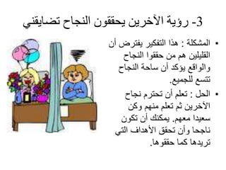 ‫3- زؤيت اآلخسيه يحققىن الىجاح تضايقىي‬
                 ‫• اٌّشىٍح : ٘زا اٌرفىيش يفرشض أْ‬
                     ‫اٌمٍيٍيٓ ُ٘ ِٓ حممٛا إٌجاح‬
                    ‫ٚاٌٛالغ يؤوذ أْ ساحح إٌجاح‬
                                   ‫ذرسغ ٌٍجّيغ.‬
                      ‫• اٌحً : ذؼٍُ أْ ذحرشَ ٔجاح‬
                       ‫اآلخشيٓ ثُ ذؼٍُ ُِٕٙ ٚوٓ‬
                    ‫سؼيذا ِؼُٙ. يّىٕه أْ ذىْٛ‬
                   ‫ٔاجحا ٚأْ ذحمك األ٘ذاف اٌري‬
                             ‫ذشيذ٘ا وّا حممٛ٘ا.‬
 