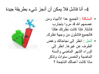 ‫4- أوا فاشل فال يمكه أن أوجز شيء بطسيقت جيدة‬
                     ‫• اٌّشىٍح : اٌجّيغ ػذا األٔثياء ِٚٓ‬
                         ‫ػصُّٙ اهلل لذ ِشٚا ترجاسب‬
                        ‫فاشٍح. فئرا وأد ٔظشذه ٘ىزا‬
                     ‫فاٌجّيغ فاشٍْٛ ِٓ ٚجٙح ٔظشن.‬
                      ‫• اٌحً : أظش إٌى ٔجاحاذه ٚغط‬
                        ‫اٌؽشف ػٓ غيش٘ا, أظش إٌى‬
                        ‫اٌٛساء اٌشٙش اٌّاظي ٚاٌسٕح‬
                      ‫اٌّاظيح ٚاٌخّس سٕٛاخ ٚذزوش‬
                          ‫ِارا وأد أػّاٌه إٌاجحح ؟‬
 