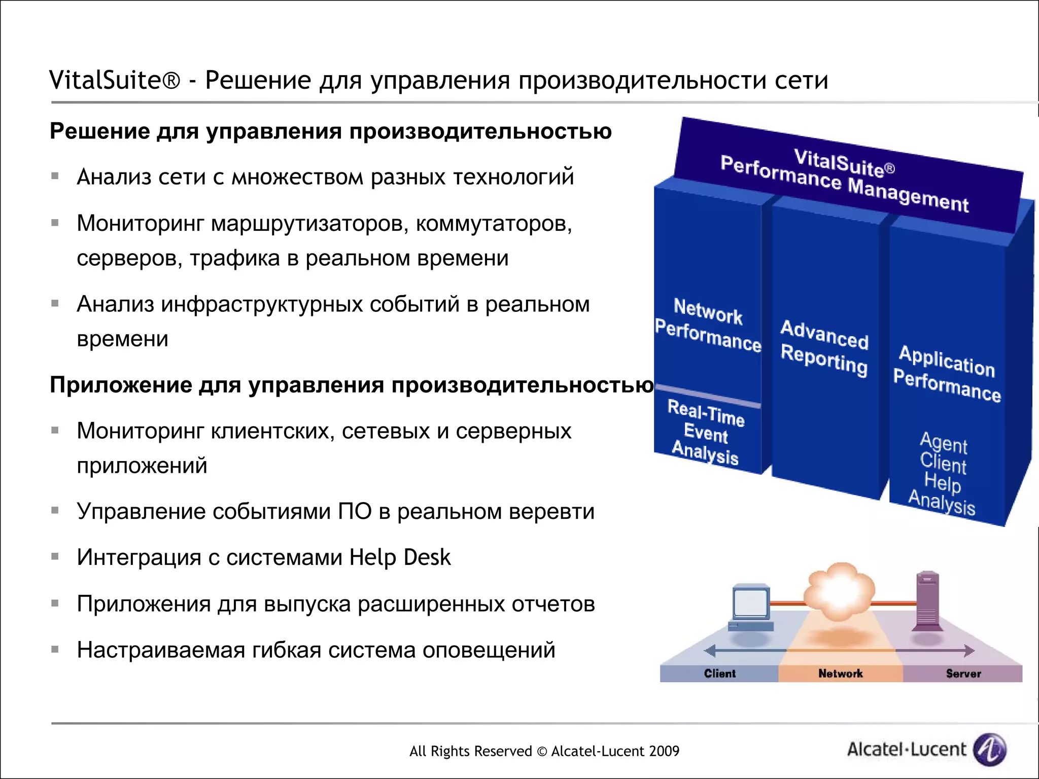 VitalSuite® - Решение для управления производительности сети
Решение для управления производительностью
 Анализ сети с множеством разных технологий

 Мониторинг маршрутизаторов, коммутаторов,
  серверов, трафика в реальном времени
 Анализ инфраструктурных событий в реальном
  времени

Приложение для управления производительностью
 Мониторинг клиентских, сетевых и серверных
  приложений
 Управление событиями ПО в реальном веревти

 Интеграция с системами Help Desk

 Приложения для выпуска расширенных отчетов

 Настраиваемая гибкая система оповещений



                              All Rights Reserved © Alcatel-Lucent 2009
 