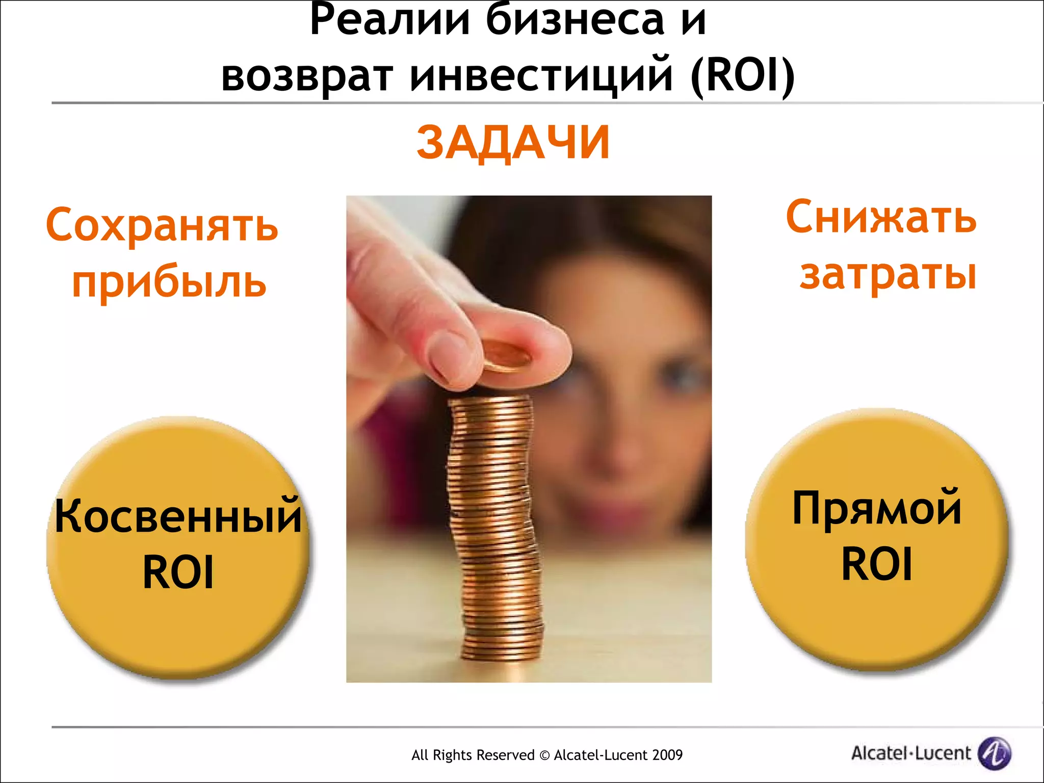 Реалии бизнеса и
      возврат инвестиций (ROI)
              ЗАДАЧИ
Сохранять                                                Снижать
 прибыль                                                 затраты




Косвенный                                                Прямой
   ROI                                                     ROI


             All Rights Reserved © Alcatel-Lucent 2009
 