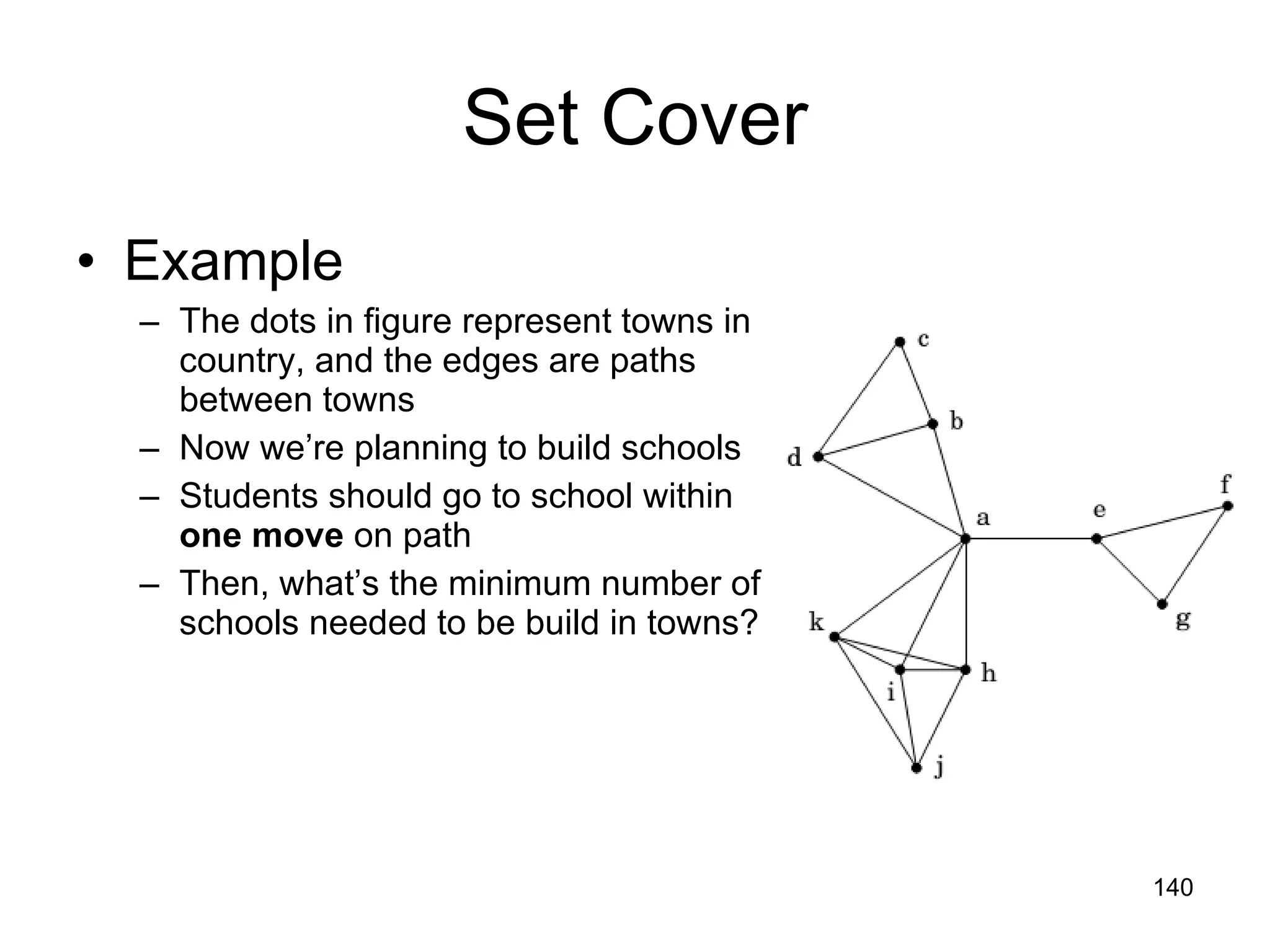 Set Cover Example The dots in figure represent towns in country, and the edges are paths between towns Now we’re planning to build schools Students should go to school within  one move  on path Then, what’s the minimum number of schools needed to be build in towns? 