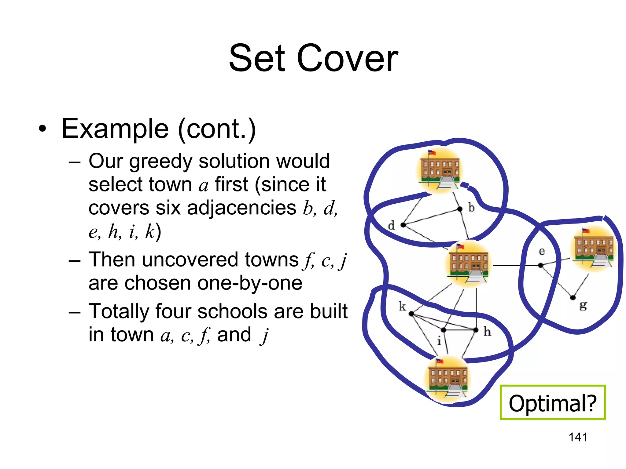 Set Cover Example (cont.) Our greedy solution would select town  a  first (since it covers six adjacencies  b, d, e, h, i, k ) Then uncovered towns  f, c, j  are chosen one-by-one Totally four schools are built in town  a, c, f,  and  j Optimal? 