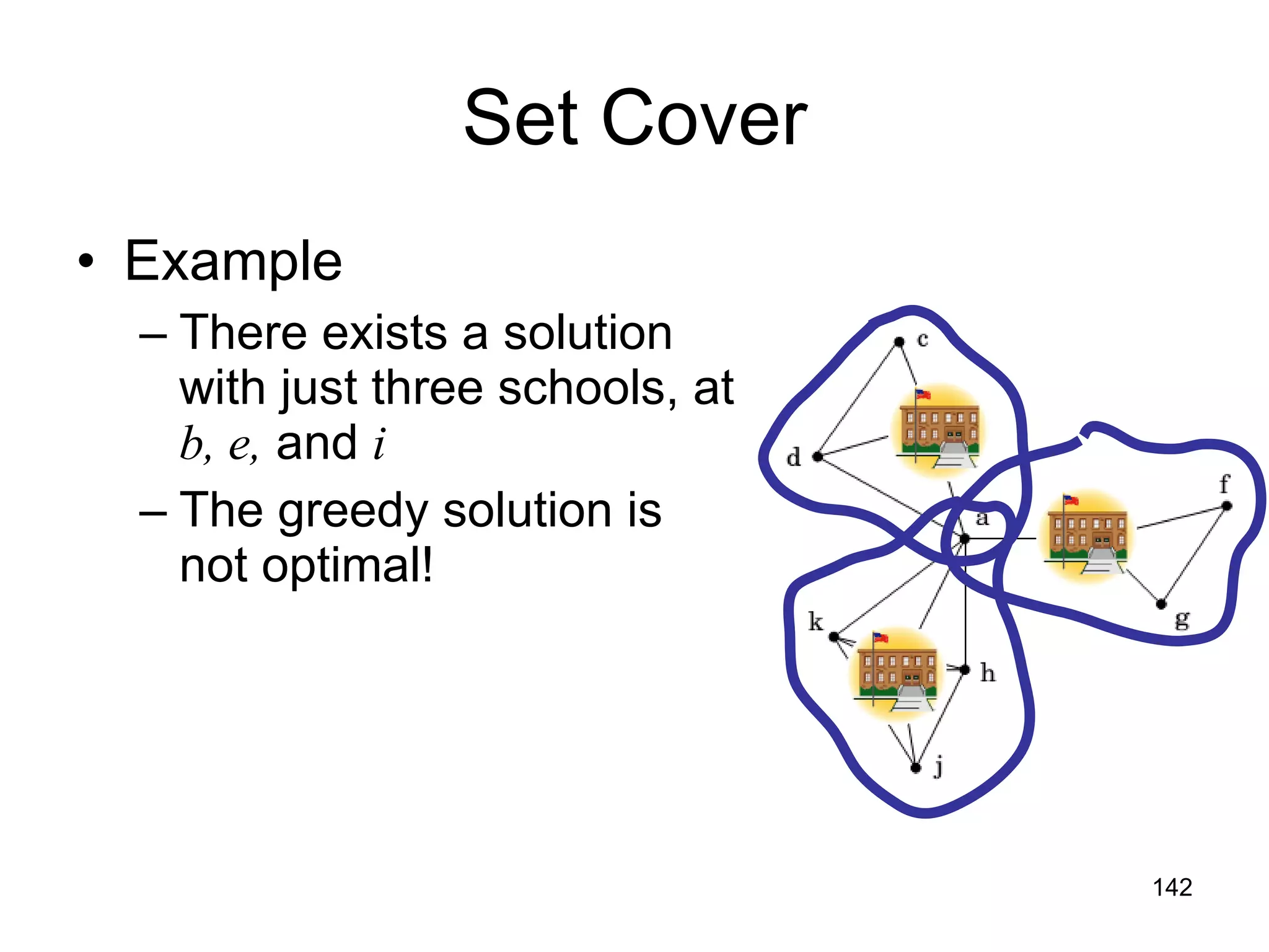 Set Cover Example There exists a solution with just three schools, at  b, e,  and  i The greedy solution is not optimal! 