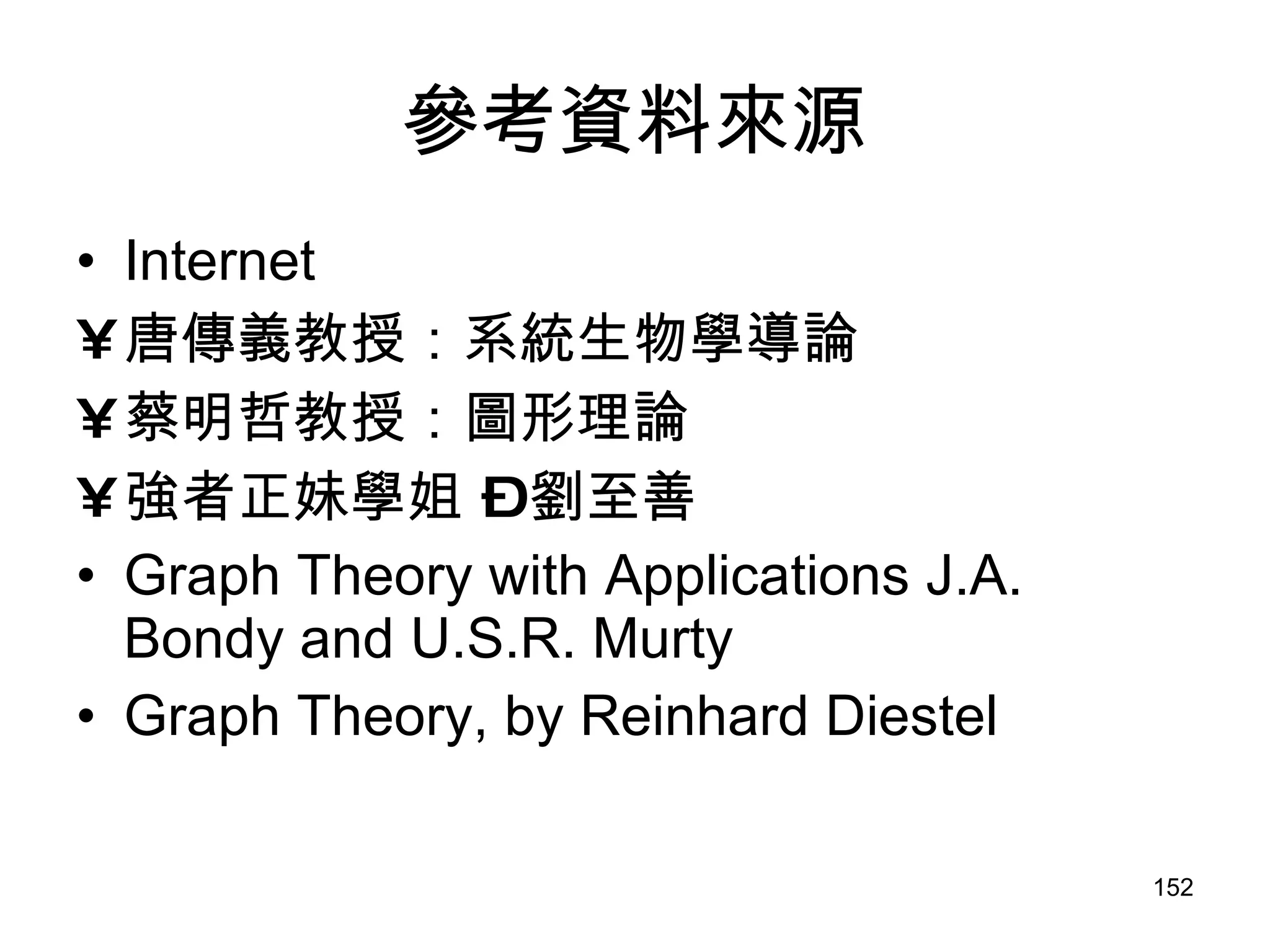 參考資料來源 Internet 唐傳義教授：系統生物學導論 蔡明哲教授：圖形理論 強者正妹學姐 – 劉至善 Graph Theory with Applications J.A. Bondy and U.S.R. Murty Graph Theory, by Reinhard Diestel 