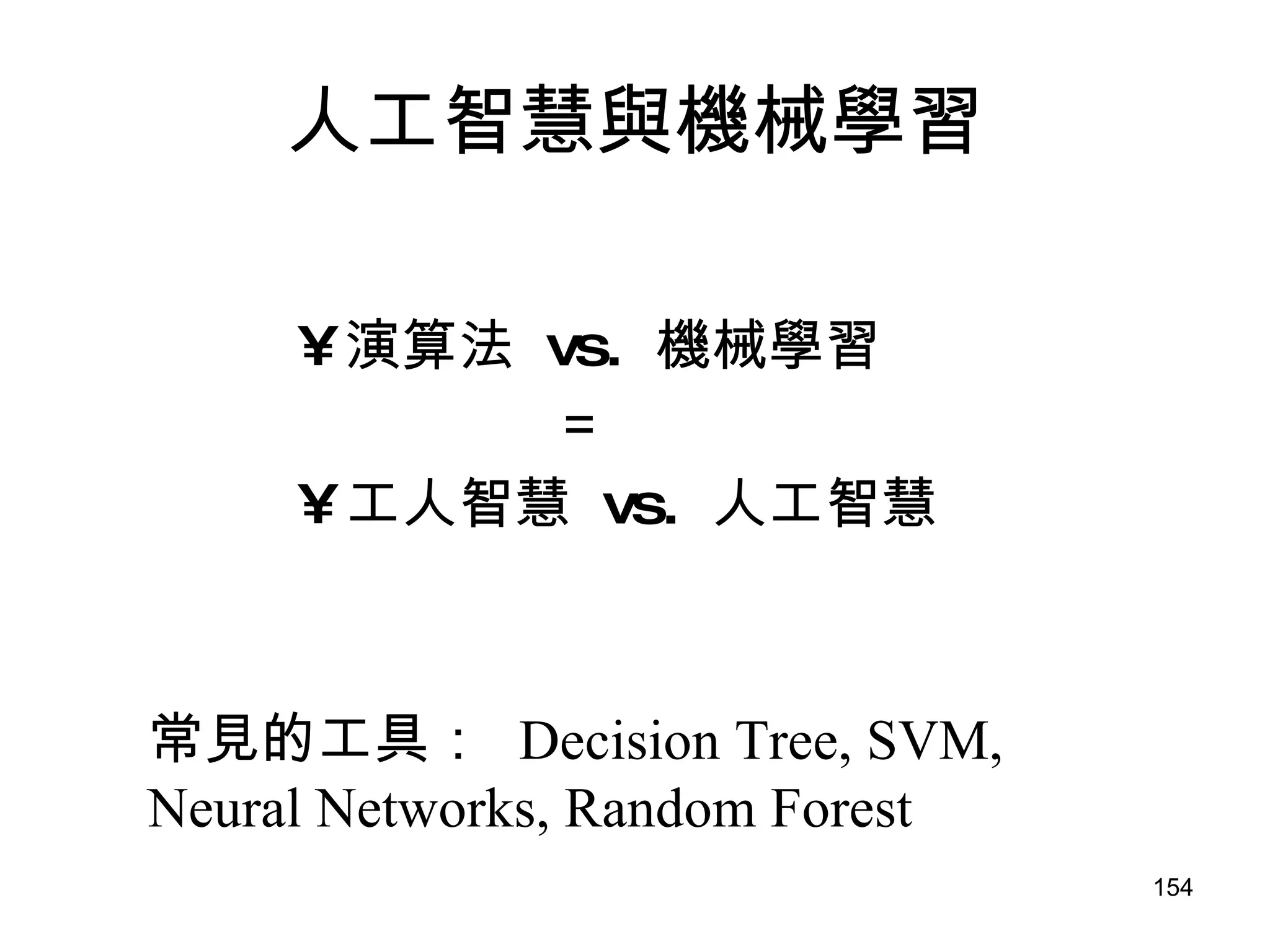 人工智慧與機械學習 演算法  vs.  機械學習 ＝ 工人智慧  vs.  人工智慧 常見的工具：  Decision Tree, SVM, Neural Networks, Random Forest 