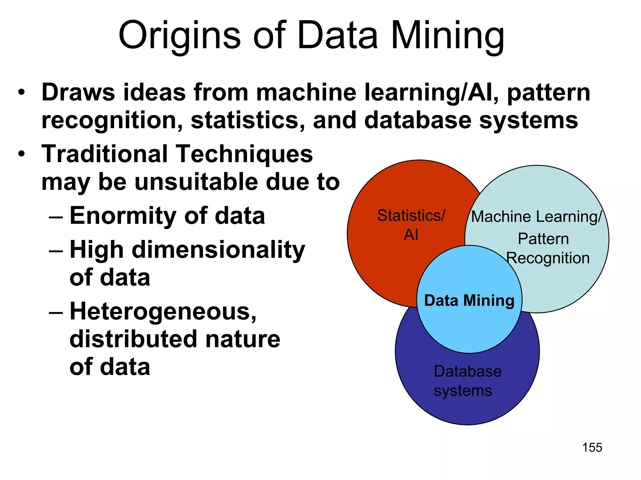 Draws ideas from machine learning/AI, pattern recognition, statistics, and database systems Traditional Techniques may be unsuitable due to  Enormity of data High dimensionality  of data Heterogeneous,  distributed nature  of data Origins of Data Mining Machine Learning/ Pattern   Recognition Statistics/ AI Data Mining Database systems 