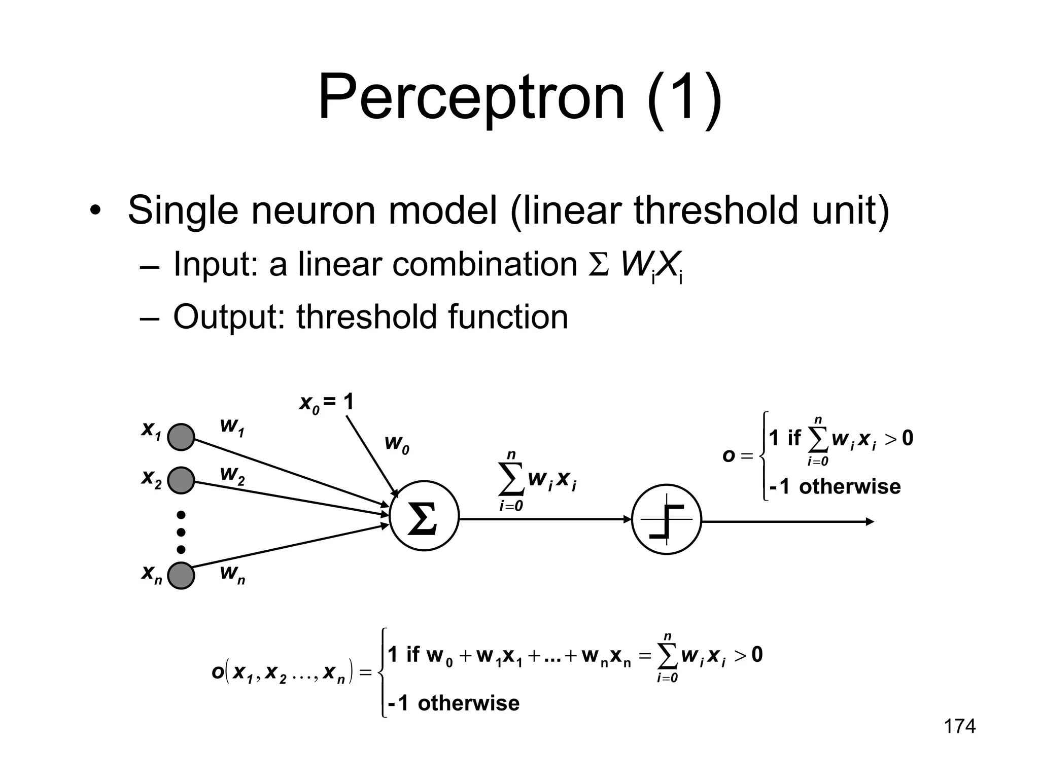 Perceptron (1) Single neuron model (linear threshold unit) Input: a linear combination     W i X i Output: threshold function w 1 w 2 w n  x 1 x 2 x n x 0   = 1 w 0 