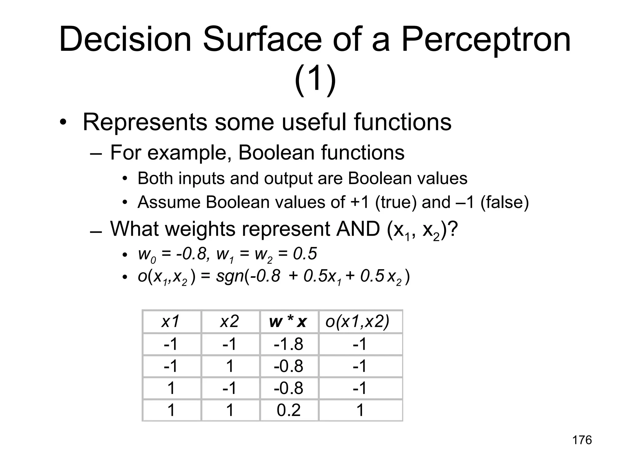 Decision Surface of a Perceptron (1) Represents some useful functions For example, Boolean functions Both inputs and output are Boolean values Assume Boolean values of +1 (true) and –1 (false) What weights represent AND (x 1 , x 2 )?  w 0  = -0.8, w 1  = w 2  = 0.5 o ( x 1 ,x 2  ) =  sgn ( -0.8   + 0.5x 1  + 0.5   x 2  ) 