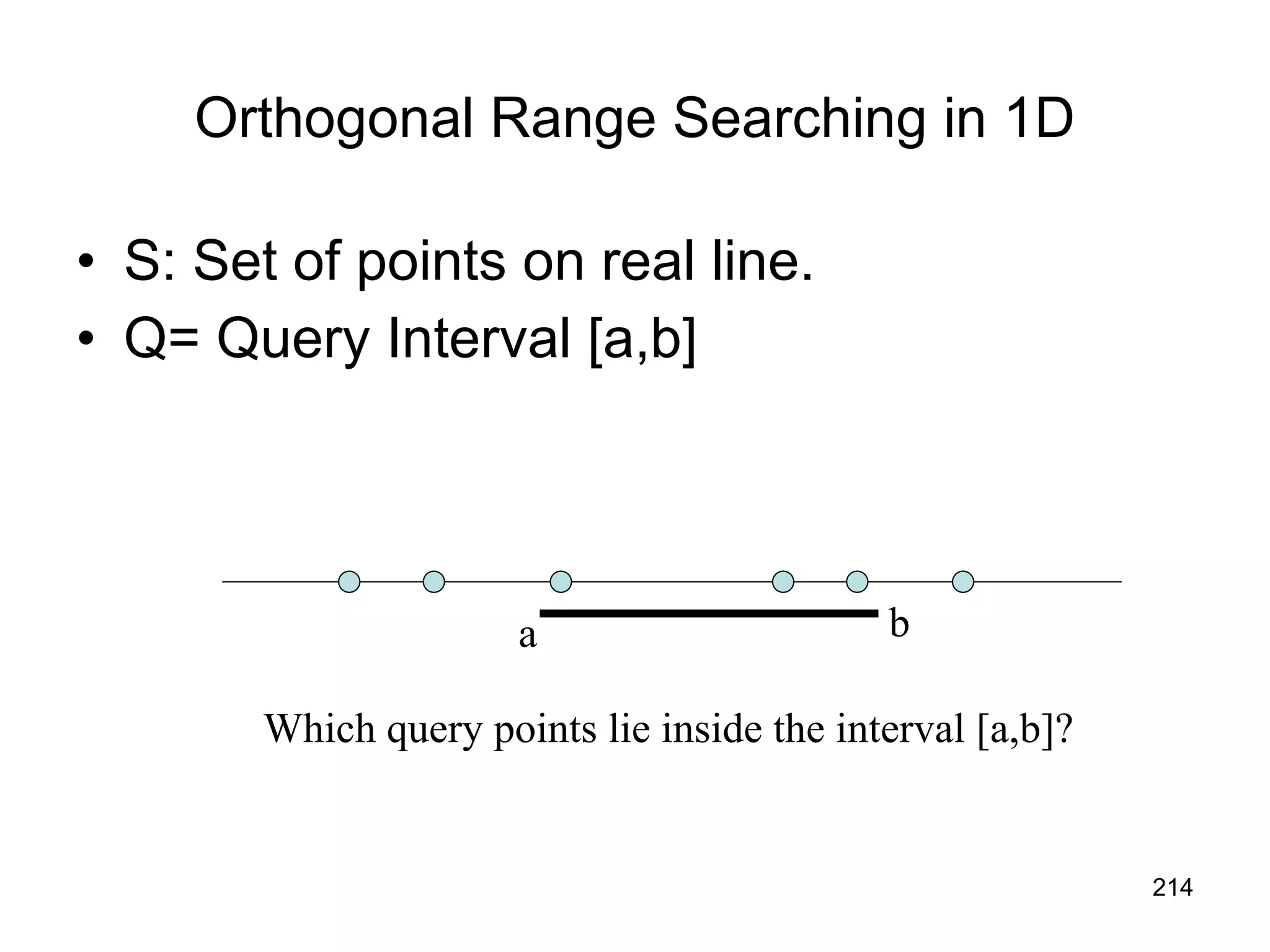 Orthogonal Range Searching in 1D S: Set of points on real line.  Q= Query Interval [a,b] a b Which query points lie inside the interval [a,b]? 