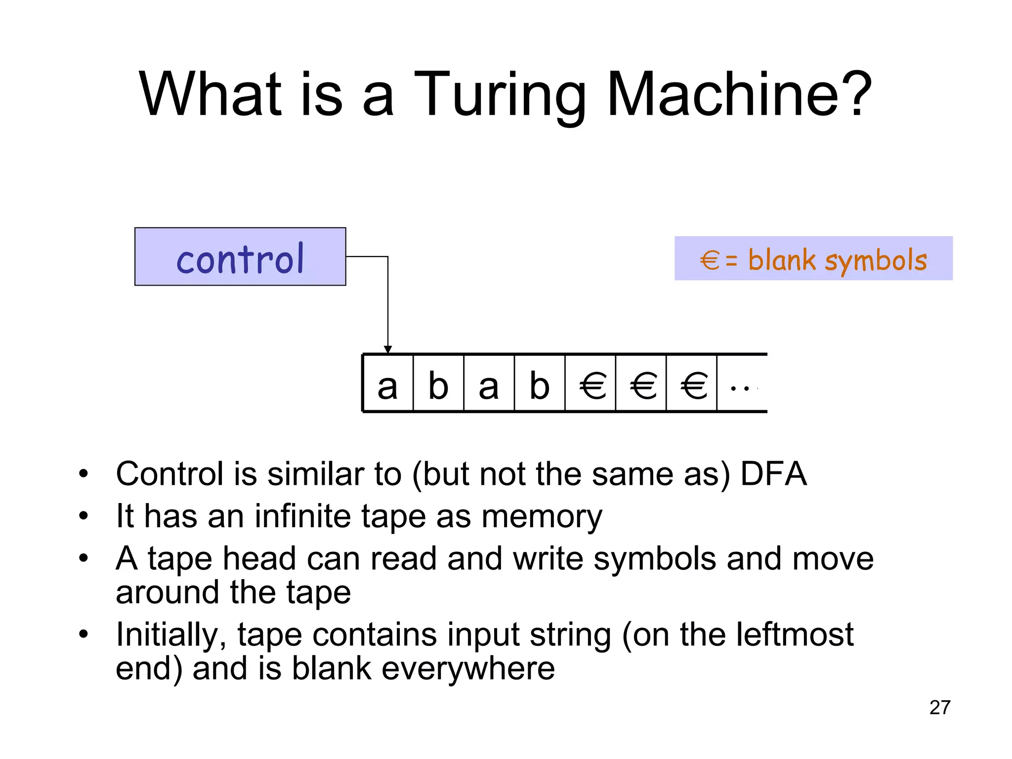 What is a Turing Machine? Control is similar to (but not the same as) DFA It has an infinite tape as memory A tape head can read and write symbols and move around the tape Initially, tape contains input string (on the leftmost end) and is blank everywhere control    = blank symbols     b a b a 
