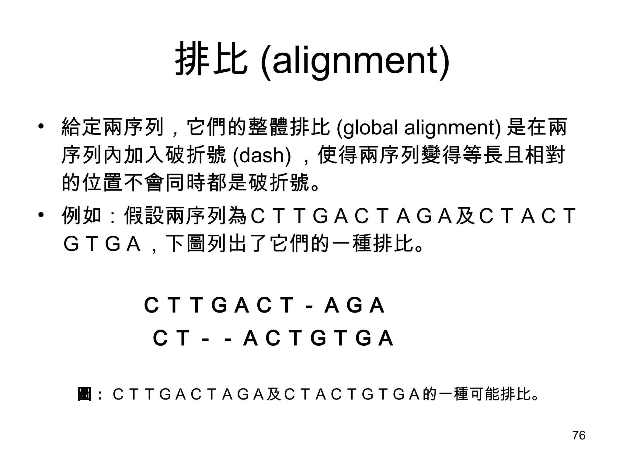 排比 (alignment) 給定兩序列 ， 它們的整體排比 (global alignment) 是在兩序列內加入破折號 (dash) ，使得兩序列變得等長且相對的位置不會同時都是破折號。 例如：假設兩序列為ＣＴＴＧＡＣＴＡＧＡ及ＣＴＡＣＴＧＴＧＡ，下圖列出了它們的一種排比。 　　　　　 ＣＴＴＧＡＣＴ－ＡＧＡ 　　　　　ＣＴ－－ＡＣＴＧＴＧＡ 圖 :  ＣＴＴＧＡＣＴＡＧＡ及ＣＴＡＣＴＧＴＧＡ的一種可能排比。 