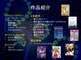 作品紹介
ファミコンパロディー          ２次創作
•   ロープランナー
                    •   撃ってヨシィ！！
•   ボンバーランナー
                    •   朝比奈ミクルの横スクロールアクション
•   忍法鎖鎌
•   ＤＩＧ ＢＡＫＵ        •   ファイト／食ってないと
•   エスカレーターアクション    •   がん☆すた
•   アストロレンジャー       •   ロードローラーだっ！
                    •   東方防衛軍
オリジナル（キャラ物）         •   東方セクロス
•   みこみこ妖怪退治
•   ばいおるる
                    受託開発
                    •   ファイナル☆ジャスティス
オリジナル
•   クオリア
•   クオリア２～evolve～
 