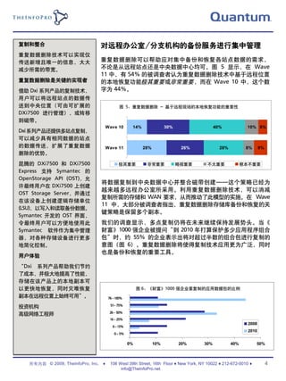 复制和整合                           对远程办公室/分支机构的备份服务进行集中管理
重复数据删除技术可以实现仅
传送新增且唯一的信息，大大
减少所需的带宽。

重复数据删除是关键的实现者

借助 Dxi 系列产品的复制技术，
用户可以将远程站点的数据传
送到中央位置（可由可扩展的                                图 5：重复数据删除 - 基于远程现场的本地恢复功能的重要性
DXi7500 进行管理），或转移
到磁带。
                                     Wave 10       14%               30%                   40%            10% 6%
Dxi 系列产品还提供多站点复制，
可以减少具有相同数据的站点
的数据传送，扩展了重复数据                        Wave 11             28%                26%              28%          8%      9%
删除的优势。

昆腾的 DXi7500 和 DXi7500                       极其重要          非常重要             略微重要        不太重要              根本不重要
Express 支持 Symantec 的
OpenStorage API (OST)，允
                                将数据复制到中央数据中心并整合磁带创建——这个策略已经为
许最终用户在 DXi7500 上创建
                                越来越多远程办公室所采用。利用重复数据删除技术，可以消减
OST Storage Server，并通过
                                复制所需的存储和 WAN 要求，从而推动了此模型的实施。在 Wave
在该设备上创建逻辑存储单位
                                11 中，大部分被调查者指出，重复数据删除存储库备份和恢复的关
(LSU)，以写入和读取备份数据。
                                键策略是保留多个副本。
Symantec 开发的 OST 界面，
令最终用户可以方便地使用此                   我们的调查显示，多点复制仍将在未来继续保持发展势头。当《
Symantec 软件作为集中管理               财富》1000 强企业被提问“到 2010 年打算保护多少应用程序组合
器，对各种存储设备进行更多                   包”时，约 55% 的企业表示出将对超过半数的组合包进行复制的
地简化控制。                          意图（图 6）。重复数据删除将使得复制技术应用更为广泛，同时
                                也是备份和恢复的重要工具。
用户体验

“Dxi 系列产品帮助我们节约
了成本，并极大地提高了性能，
存储在该产品上的本地副本可
以更快地恢复，同时灾难恢复                                          图 6：《财富》1000 强企业要复制的应用数据包的比例
副本在远程位置上始终可用”。                        76 – 100%

投资机构                                   51– 75%

                                      26 – 50%
高级网络工程师
                                       16 – 25%
                                                                                                           2008
                                        6 – 15%
                                                                                                           2010
                                         0 – 5%

                                                  0%           10%         20%       30%           40%          50%



   所有内容 © 2009, TheInfoPro, Inc. ♦     108 West 39th Street, 16th Floor ♦ New York, NY 10022 ♦ 212-672-0010 ♦          4
                                            info@TheInfoPro.net
 