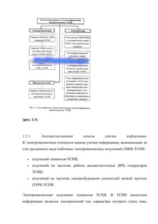(рис. 1.1).



1.2.1.        Электромагнитные       каналы      утечки     информации
К электромагнитным относятся каналы утечки информации, возникающие за
счет различного вида побочных электромагнитных излучений (ЭМИ) ТСПИ:

   •     излучений элементов ТСПИ;
   •     излучений на частотах работы высокочастотных (ВЧ) генераторов
         ТСПИ;
   •     излучений на частотах самовозбуждения усилителей низкой частоты
         (УНЧ) ТСПИ.

Электромагнитные излучения элементов ТСПИ. В ТСПИ носителем
информации является электрический ток, параметры которого (сила тока,
 