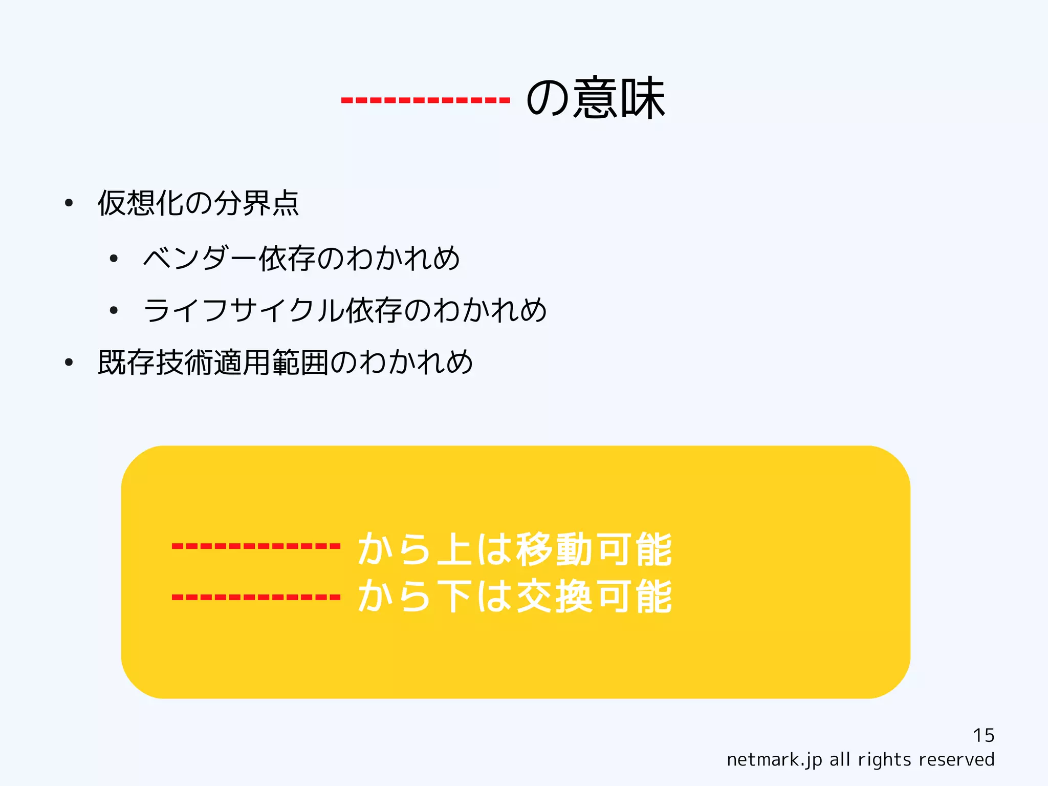 　　　の意味
●
    仮想化の分界点
    ●
        ベンダー依存のわかれめ
    ●
        ライフサイクル依存のわかれめ
●
    既存技術適用範囲のわかれめ




               から上は移動可能
               から下は交換可能


                                                      15
                          netmark.jp all rights reserved
 