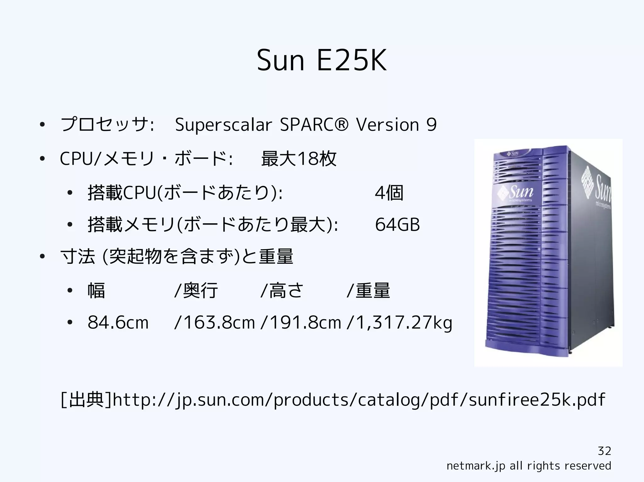 Sun E25K
●
    プロセッサ:       Superscalar SPARC® Version 9
●
    CPU/メモリ・ボード:          最大18枚
    ●
        搭載CPU(ボードあたり):                4個
    ●
        搭載メモリ(ボードあたり最大):              64GB
●
    寸法 (突起物を含まず)と重量
    ●
        幅        /奥行      /高さ      /重量
    ●
        84.6cm   /163.8cm /191.8cm /1,317.27kg



    [出典]http://jp.sun.com/products/catalog/pdf/sunfiree25k.pdf

                                                                            32
                                                netmark.jp all rights reserved
 